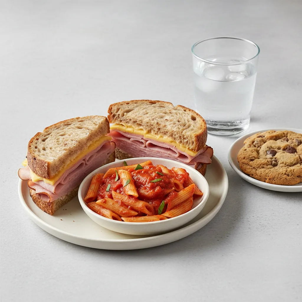Ham and Cheese Sandwich, Tomato Basil Penne, Cookie, Water Ham and Cheese Sandwich, Tomato Basil Penne, Cookie, Water