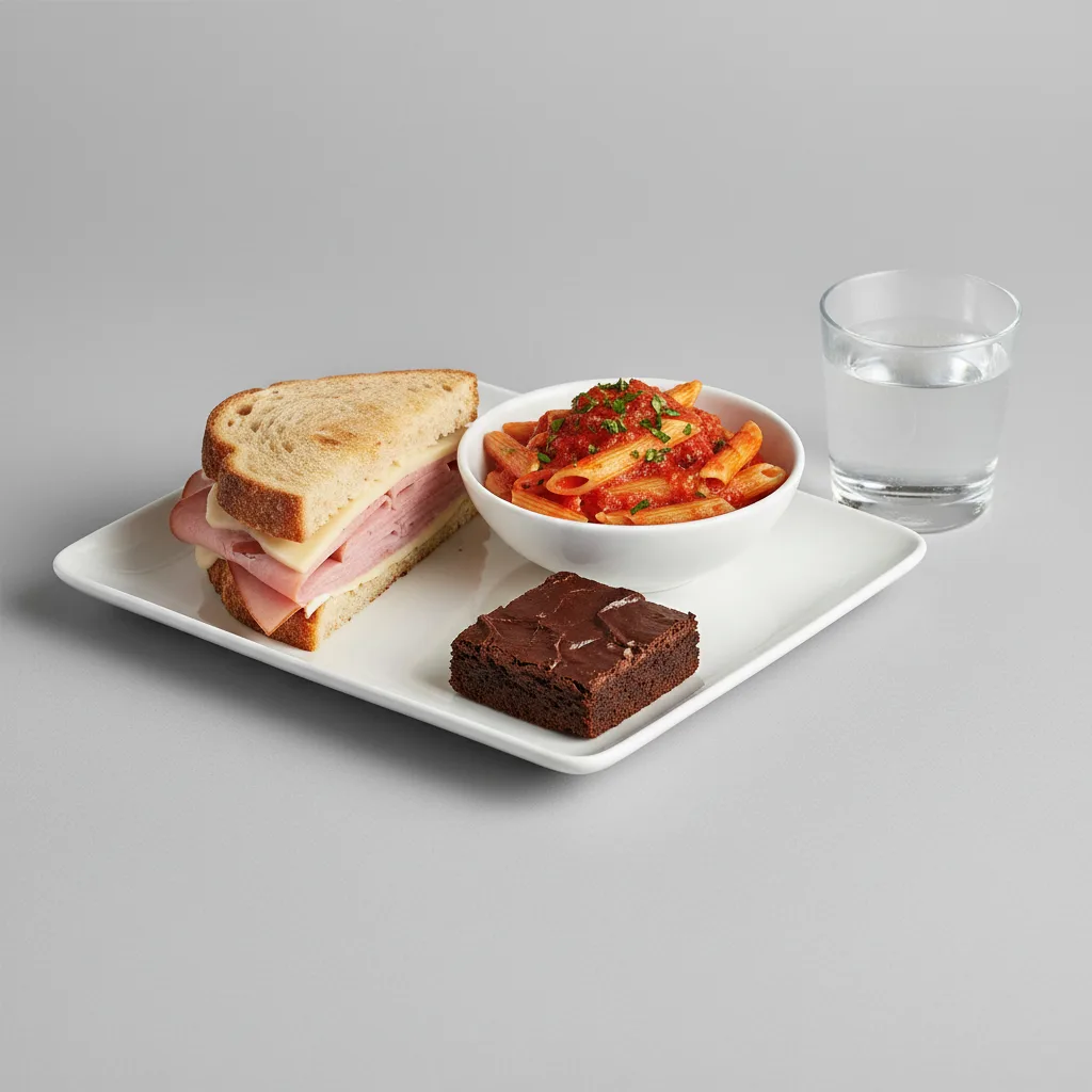 Ham and Cheese Sandwich, Tomato Basil Penne, Eli's Brownie, Water Ham and Cheese Sandwich, Tomato Basil Penne, Eli's Brownie, Water