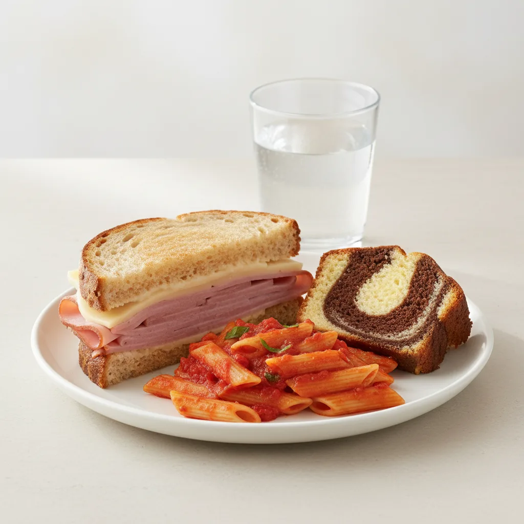 Ham and Cheese Sandwich, Tomato Basil Penne, Poundcake, Water Ham and Cheese Sandwich, Tomato Basil Penne, Poundcake, Water