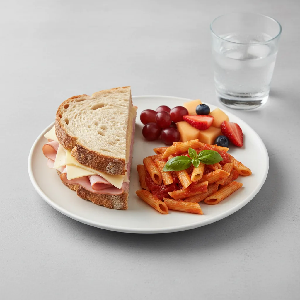 Ham and Cheese Sandwich, Tomato Basil Penne, Fruit, Water Ham and Cheese Sandwich, Tomato Basil Penne, Fruit, Water