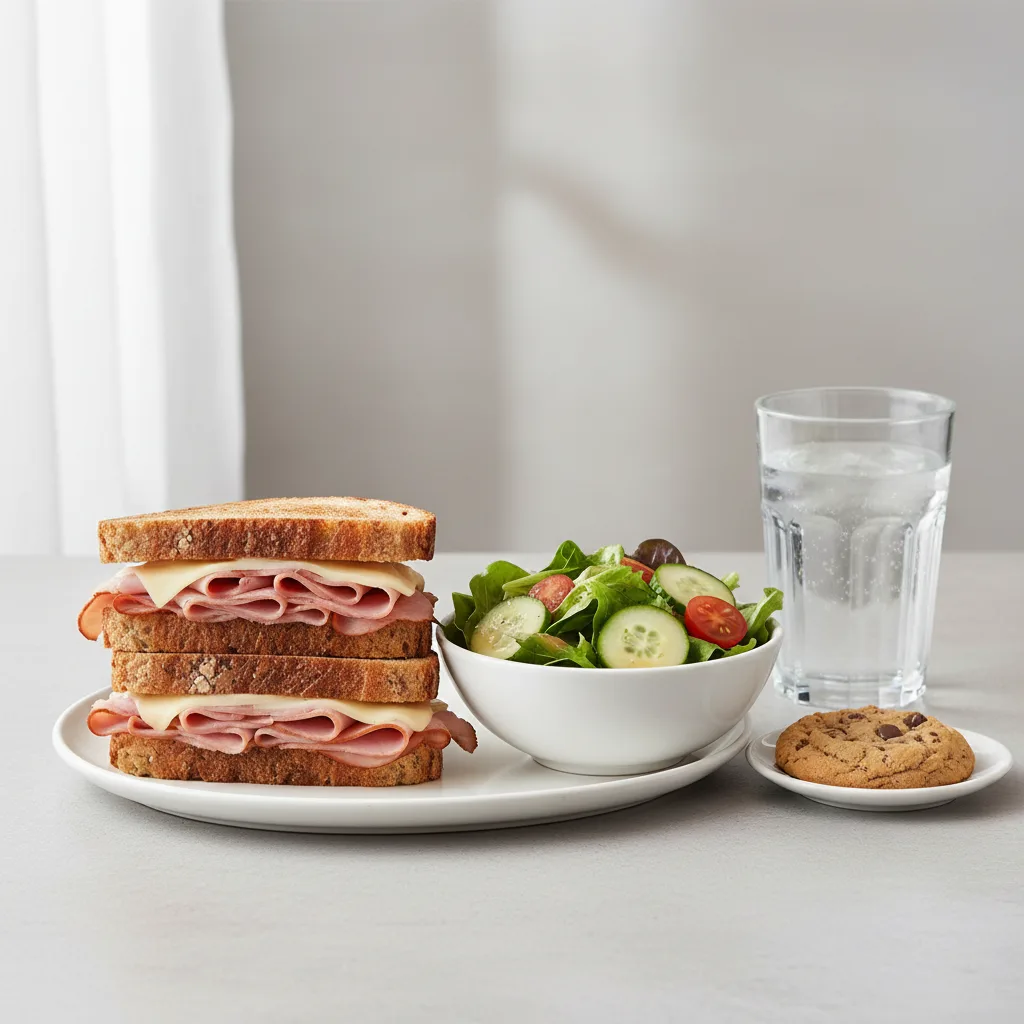 Ham and Cheese Sandwich, House Salad, Cookie, Water Ham and Cheese Sandwich, House Salad, Cookie, Water