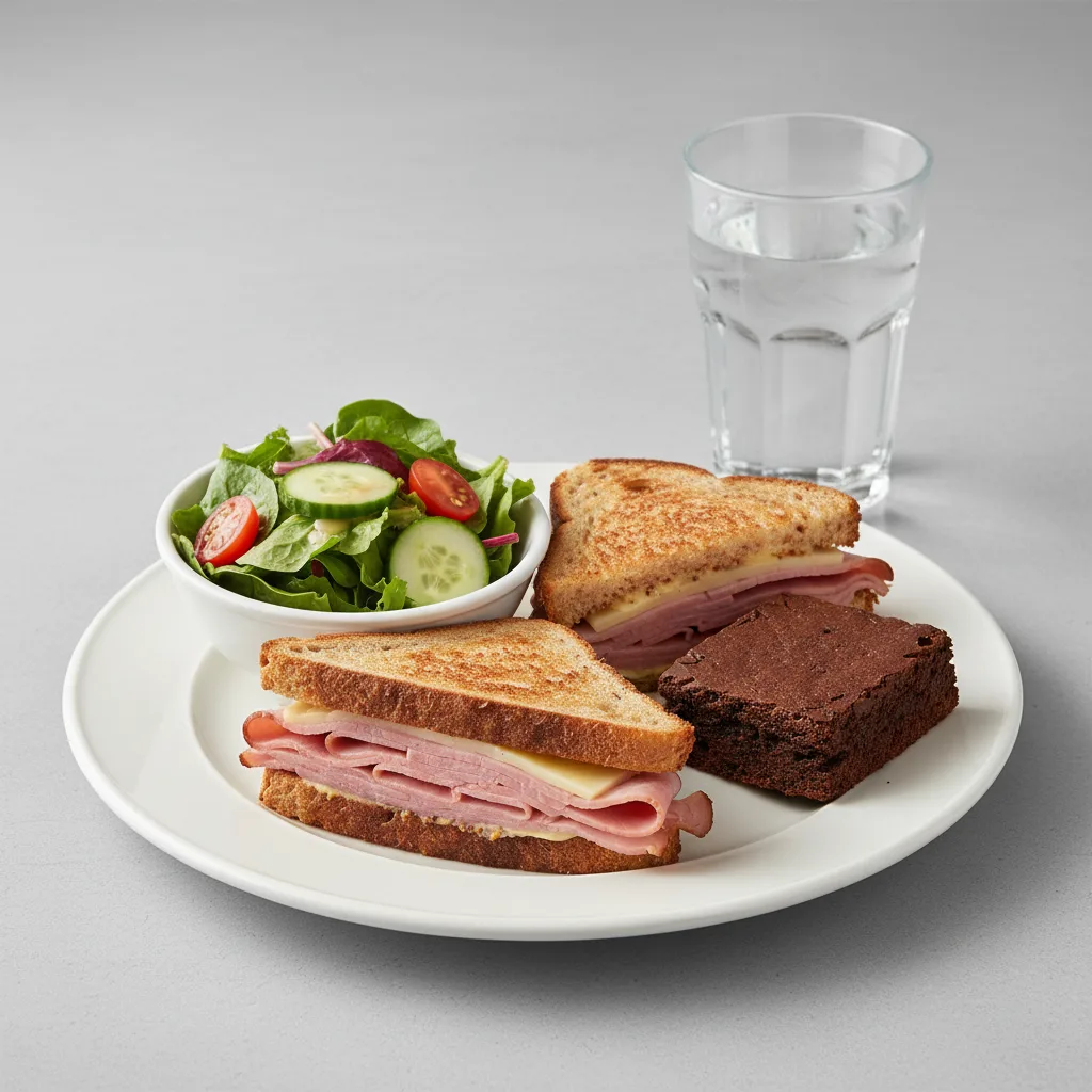 Ham and Cheese Sandwich, House Salad, Eli's Brownie, Water Ham and Cheese Sandwich, House Salad, Eli's Brownie, Water