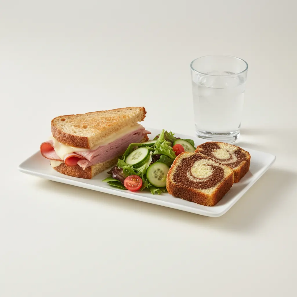 Ham and Cheese Sandwich, House Salad, Poundcake, Water Ham and Cheese Sandwich, House Salad, Poundcake, Water
