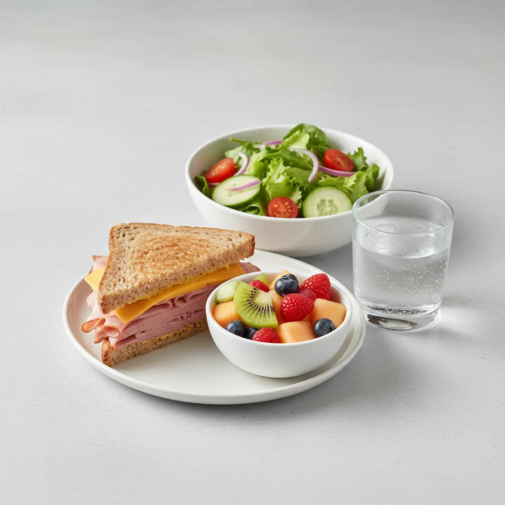 Ham and Cheese Sandwich, House Salad, Fruit, Water Ham and Cheese Sandwich, House Salad, Fruit, Water