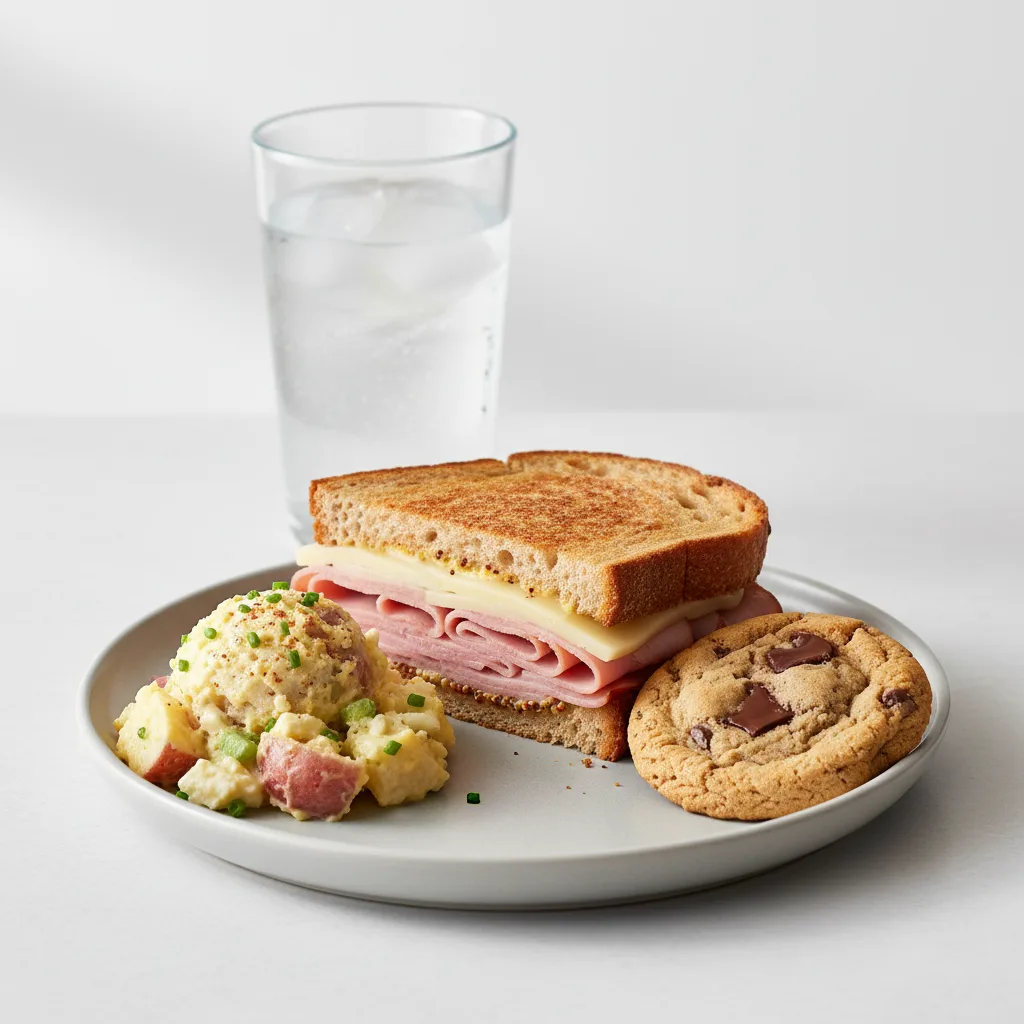 Ham and Cheese Sandwich, Potato Salad, Cookie, Water Ham and Cheese Sandwich, Potato Salad, Cookie, Water
