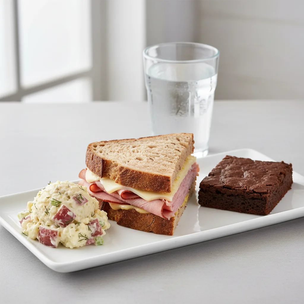 Ham and Cheese Sandwich, Potato Salad, Eli's Brownie, Water Ham and Cheese Sandwich, Potato Salad, Eli's Brownie, Water
