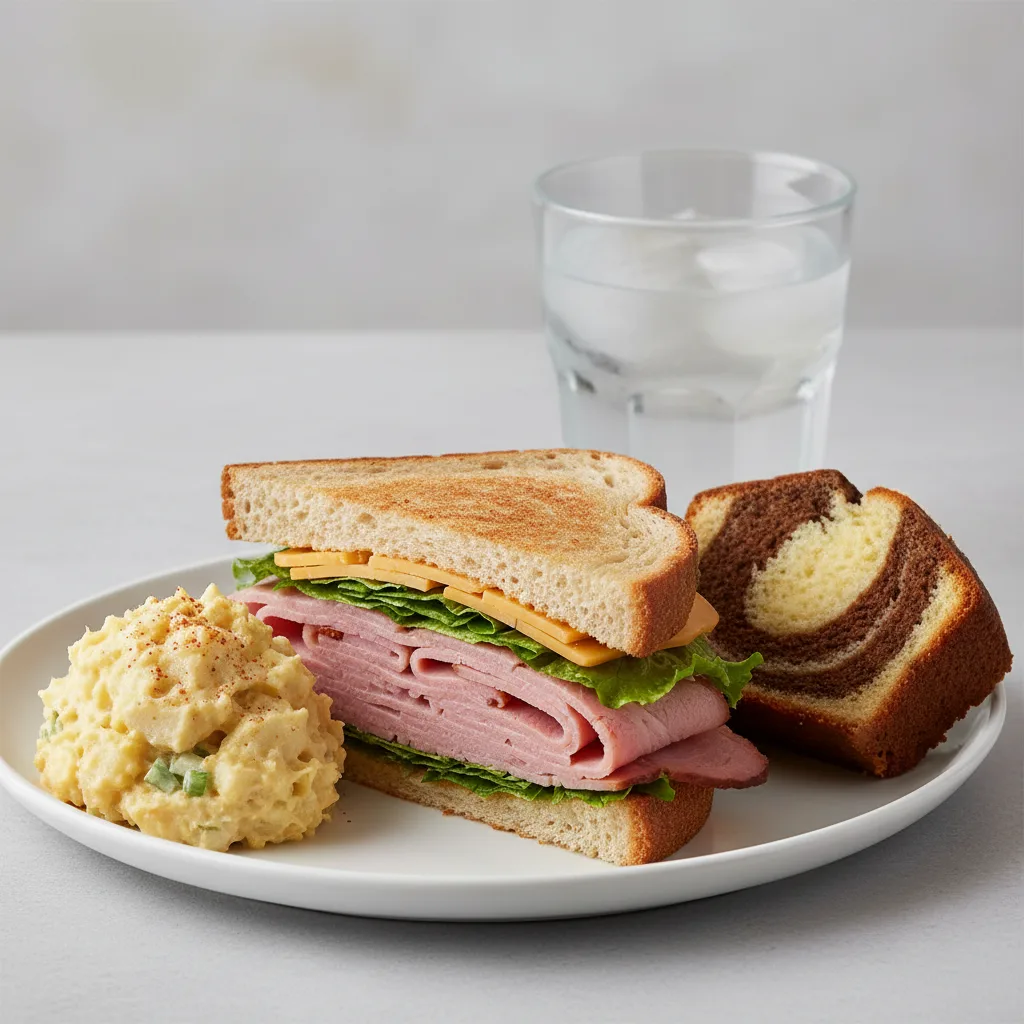 Ham and Cheese Sandwich, Potato Salad, Poundcake, Water Ham and Cheese Sandwich, Potato Salad, Poundcake, Water