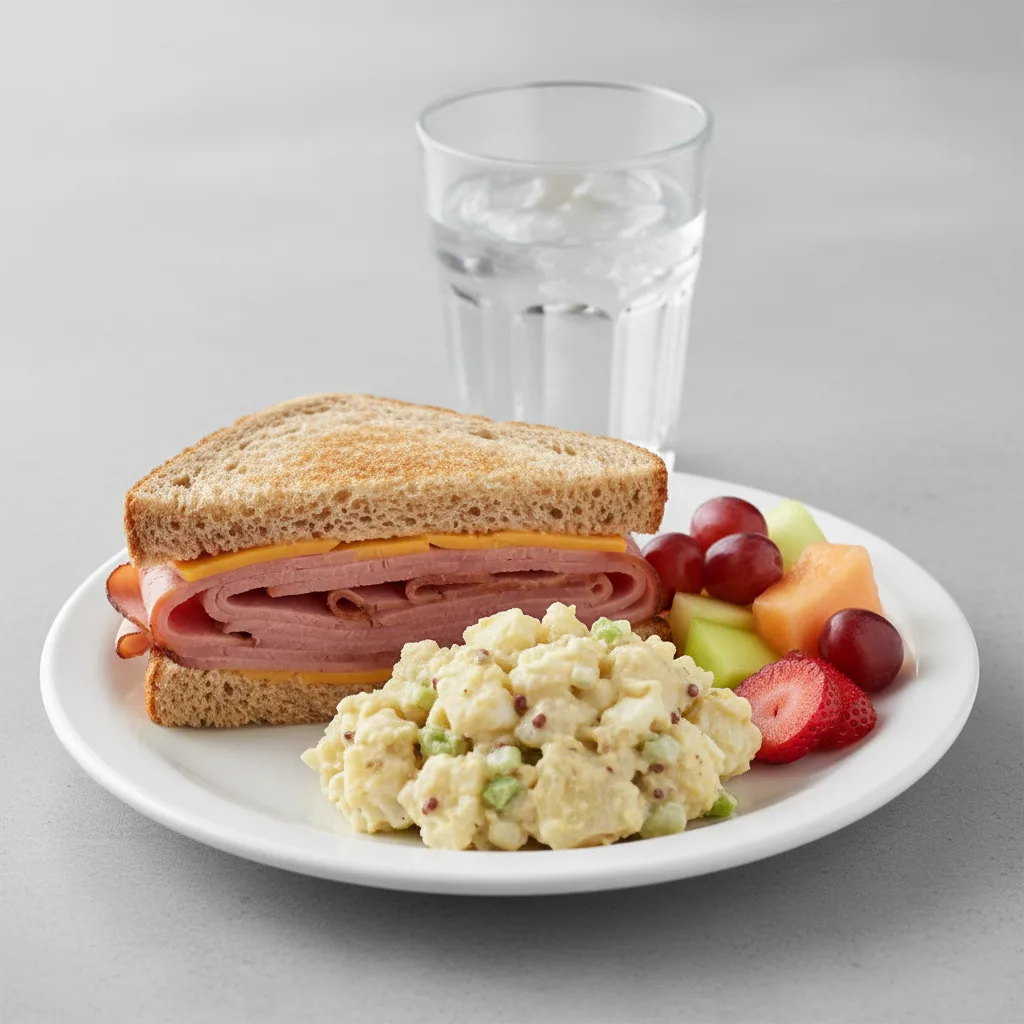 Ham and Cheese Sandwich, Potato Salad, Fruit, Water Ham and Cheese Sandwich, Potato Salad, Fruit, Water