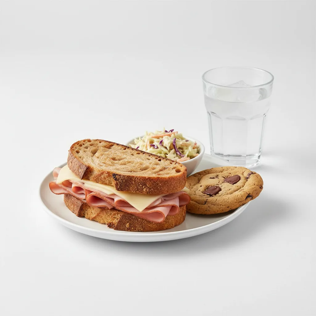 Ham and Cheese Sandwich, Coleslaw, Cookie, Water Ham and Cheese Sandwich, Coleslaw, Cookie, Water