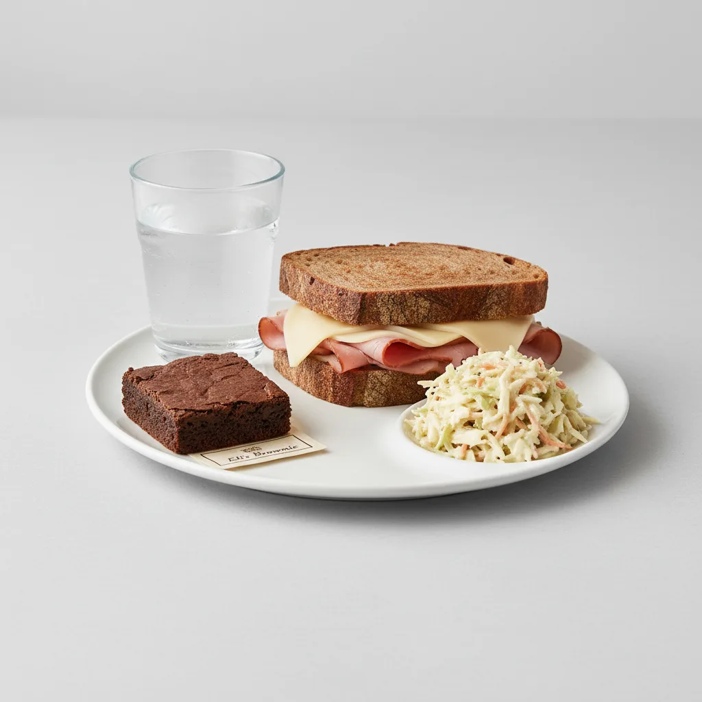 Ham and Cheese Sandwich, Coleslaw, Eli's Brownie, Water Ham and Cheese Sandwich, Coleslaw, Eli's Brownie, Water