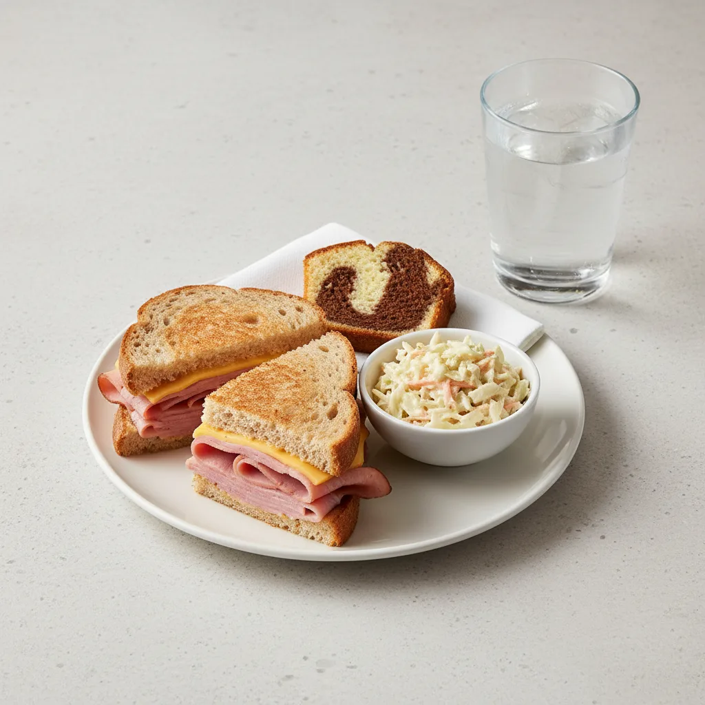 Ham and Cheese Sandwich, Coleslaw, Poundcake, Water Ham and Cheese Sandwich, Coleslaw, Poundcake, Water