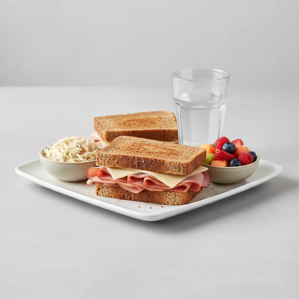 Ham and Cheese Sandwich, Coleslaw, Fruit, Water Ham and Cheese Sandwich, Coleslaw, Fruit, Water