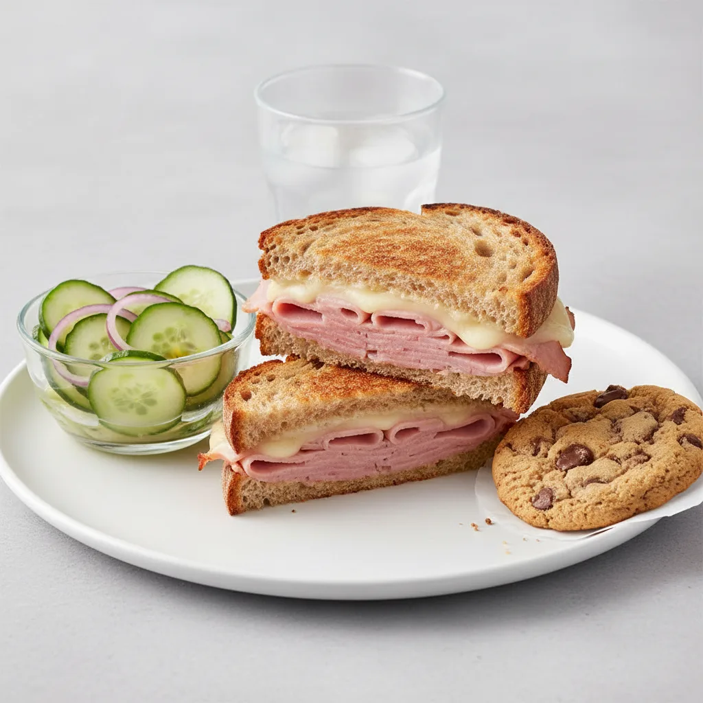 Ham and Cheese Sandwich, Cucumber Salad, Cookie, Water Ham and Cheese Sandwich, Cucumber Salad, Cookie, Water