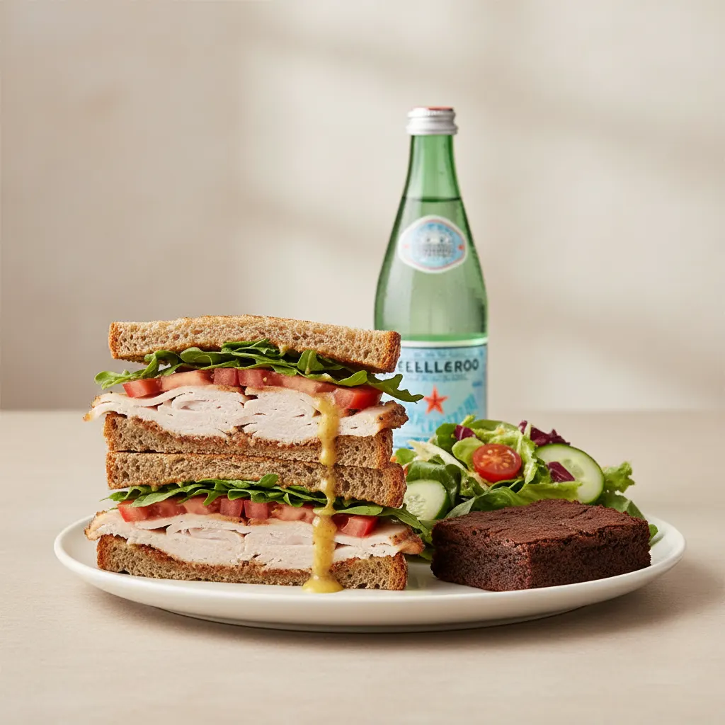 Turkey Sandwich with House Salad, Brownie, Sparkling Water Turkey Sandwich with House Salad, Brownie, Sparkling Water