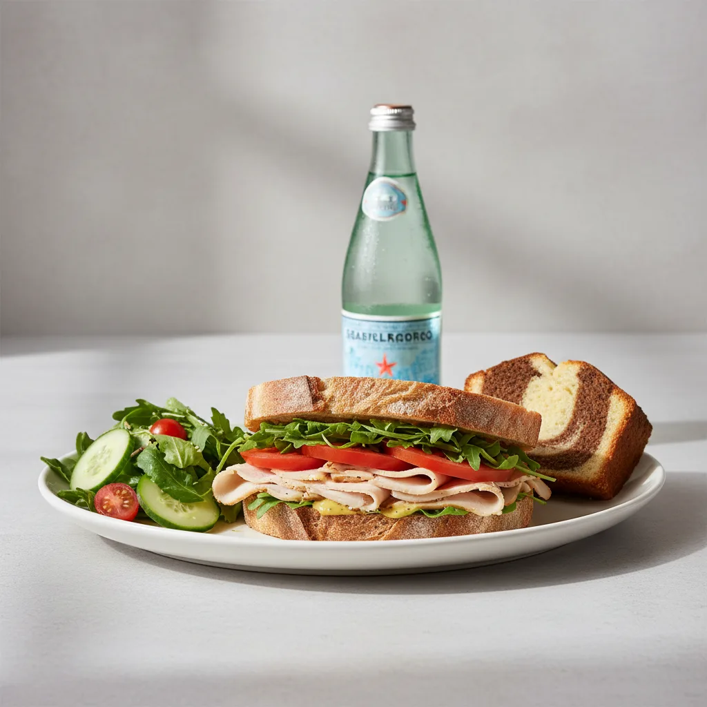 Turkey Sandwich with House Salad, Poundcake, Sparkling Water Turkey Sandwich with House Salad, Poundcake, Sparkling Water