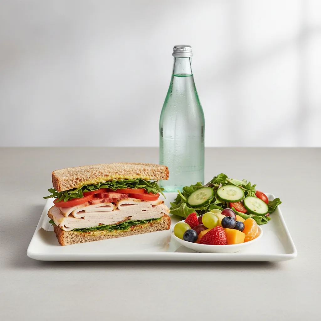 Turkey Sandwich with House Salad, Fruit, Sparkling Water Turkey Sandwich with House Salad, Fruit, Sparkling Water