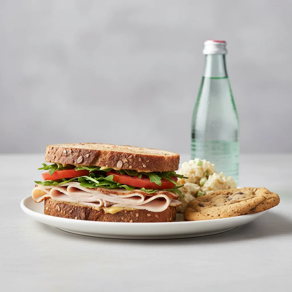 Turkey Sandwich with Potato Salad, Cookie, Sparkling Water Turkey Sandwich with Potato Salad, Cookie, Sparkling Water