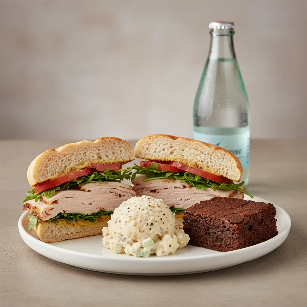 Turkey Sandwich with Potato Salad, Brownie, Sparkling Water Turkey Sandwich with Potato Salad, Brownie, Sparkling Water