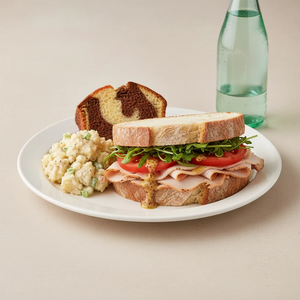 Turkey Sandwich with Potato Salad, Poundcake, Sparkling Water Turkey Sandwich with Potato Salad, Poundcake, Sparkling Water