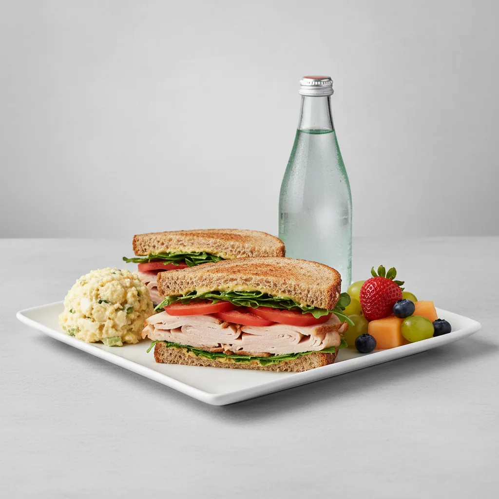 Turkey Sandwich with Potato Salad, Fruit, Sparkling Water Turkey Sandwich with Potato Salad, Fruit, Sparkling Water