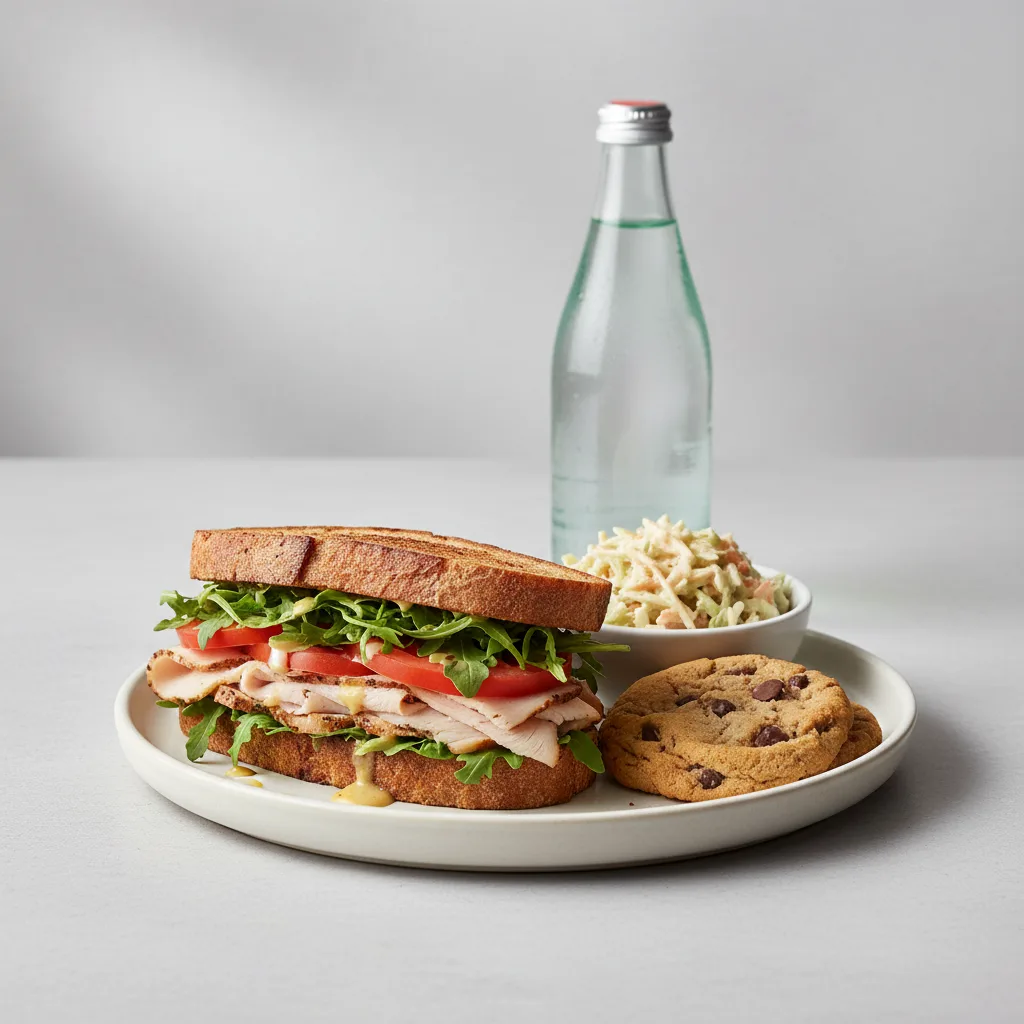 Turkey Sandwich with Coleslaw, Cookie, Sparkling Water Turkey Sandwich with Coleslaw, Cookie, Sparkling Water