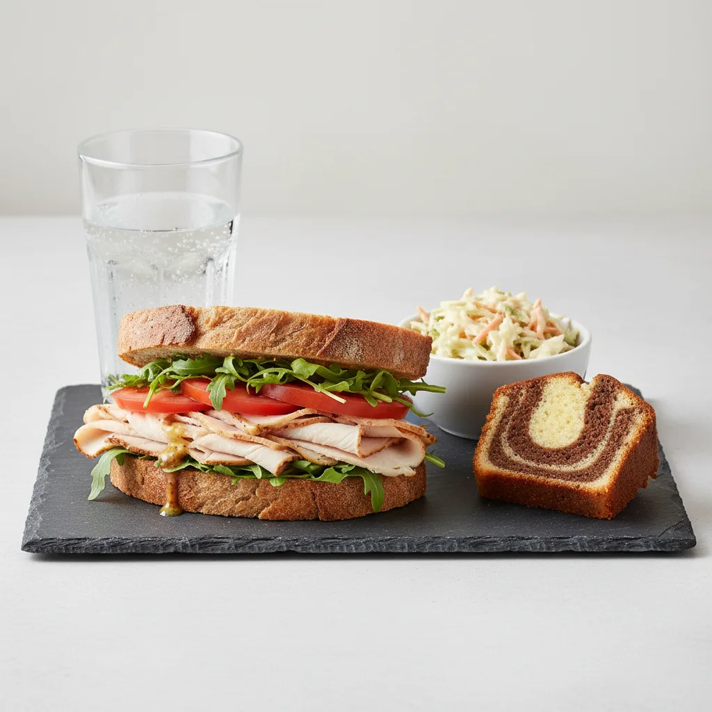Turkey Sandwich with Coleslaw, Poundcake, Sparkling Water Turkey Sandwich with Coleslaw, Poundcake, Sparkling Water