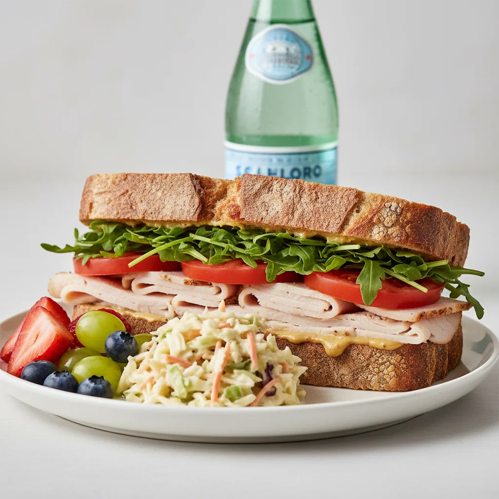 Turkey Sandwich with Coleslaw, Fruit, Sparkling Water Turkey Sandwich with Coleslaw, Fruit, Sparkling Water