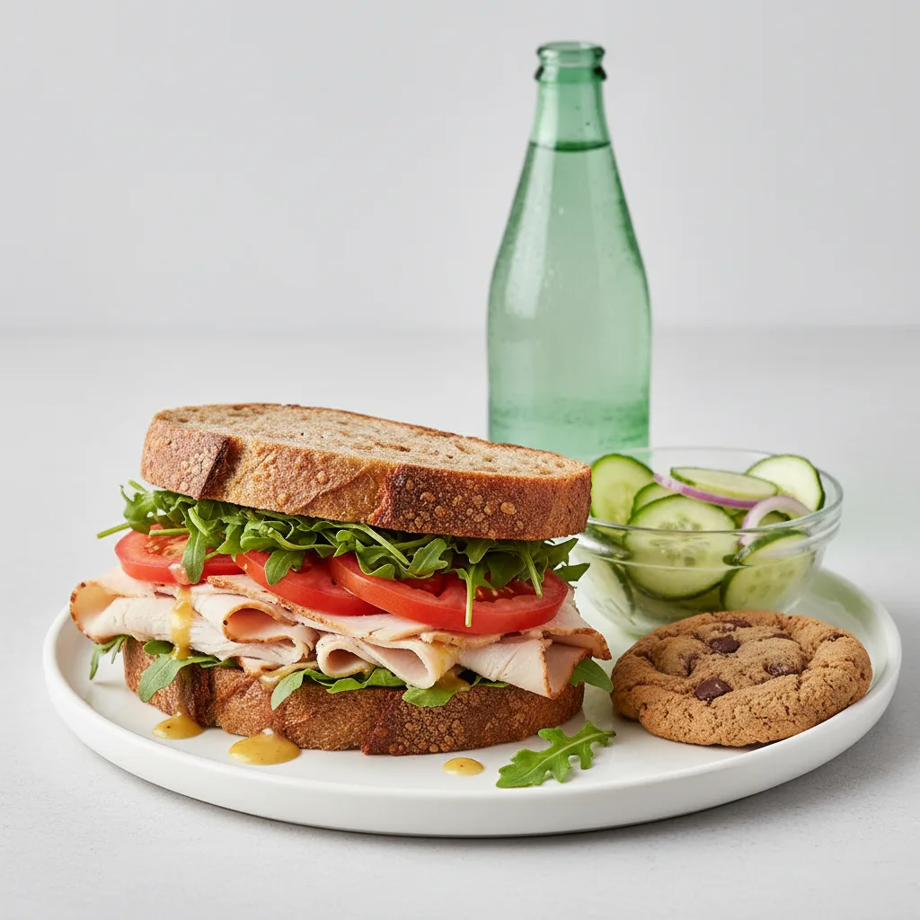 Turkey Sandwich with Cucumber Salad, Cookie, Sparkling Water Turkey Sandwich with Cucumber Salad, Cookie, Sparkling Water