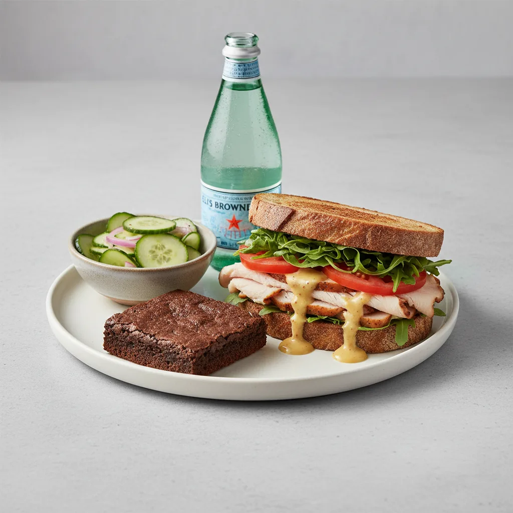 Turkey Sandwich with Cucumber Salad, Brownie, Sparkling Water Turkey Sandwich with Cucumber Salad, Brownie, Sparkling Water