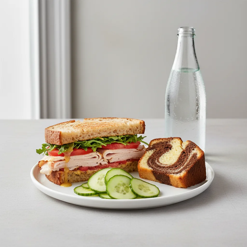 Turkey Sandwich with Cucumber Salad, Poundcake, Sparkling Water Turkey Sandwich with Cucumber Salad, Poundcake, Sparkling Water