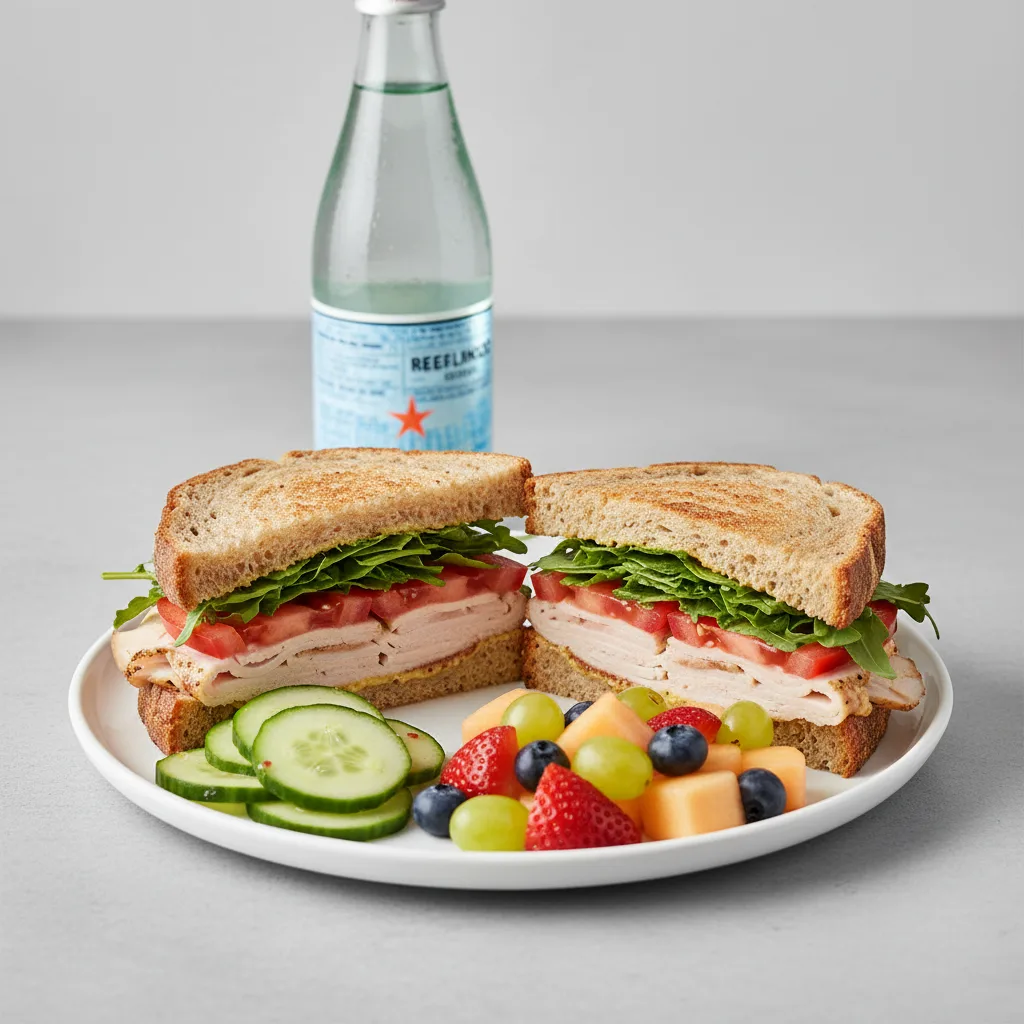 Turkey Sandwich with Cucumber Salad, Fruit, Sparkling Water Turkey Sandwich with Cucumber Salad, Fruit, Sparkling Water