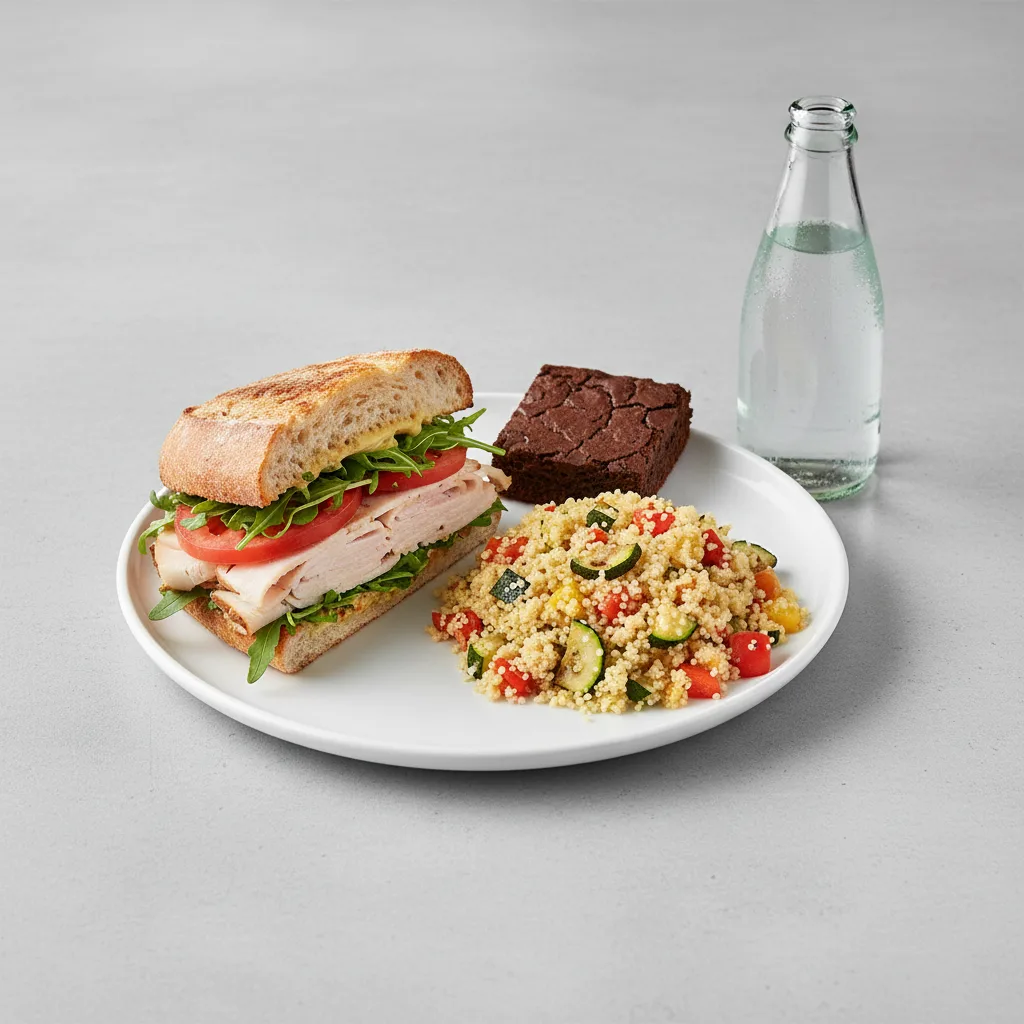 Turkey Sandwich with Couscous, Brownie, Sparkling Water Turkey Sandwich with Couscous, Brownie, Sparkling Water