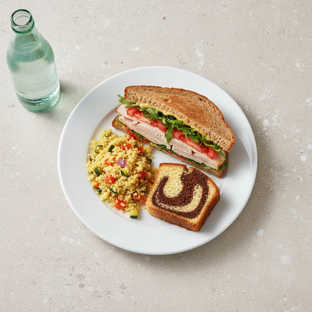 Turkey Sandwich with Couscous, Poundcake, Sparkling Water Turkey Sandwich with Couscous, Poundcake, Sparkling Water