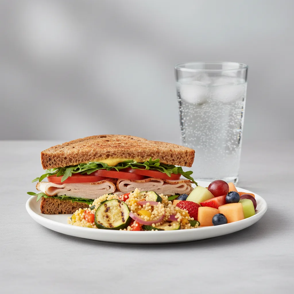 Turkey Sandwich with Couscous, Fruit, Sparkling Water Turkey Sandwich with Couscous, Fruit, Sparkling Water
