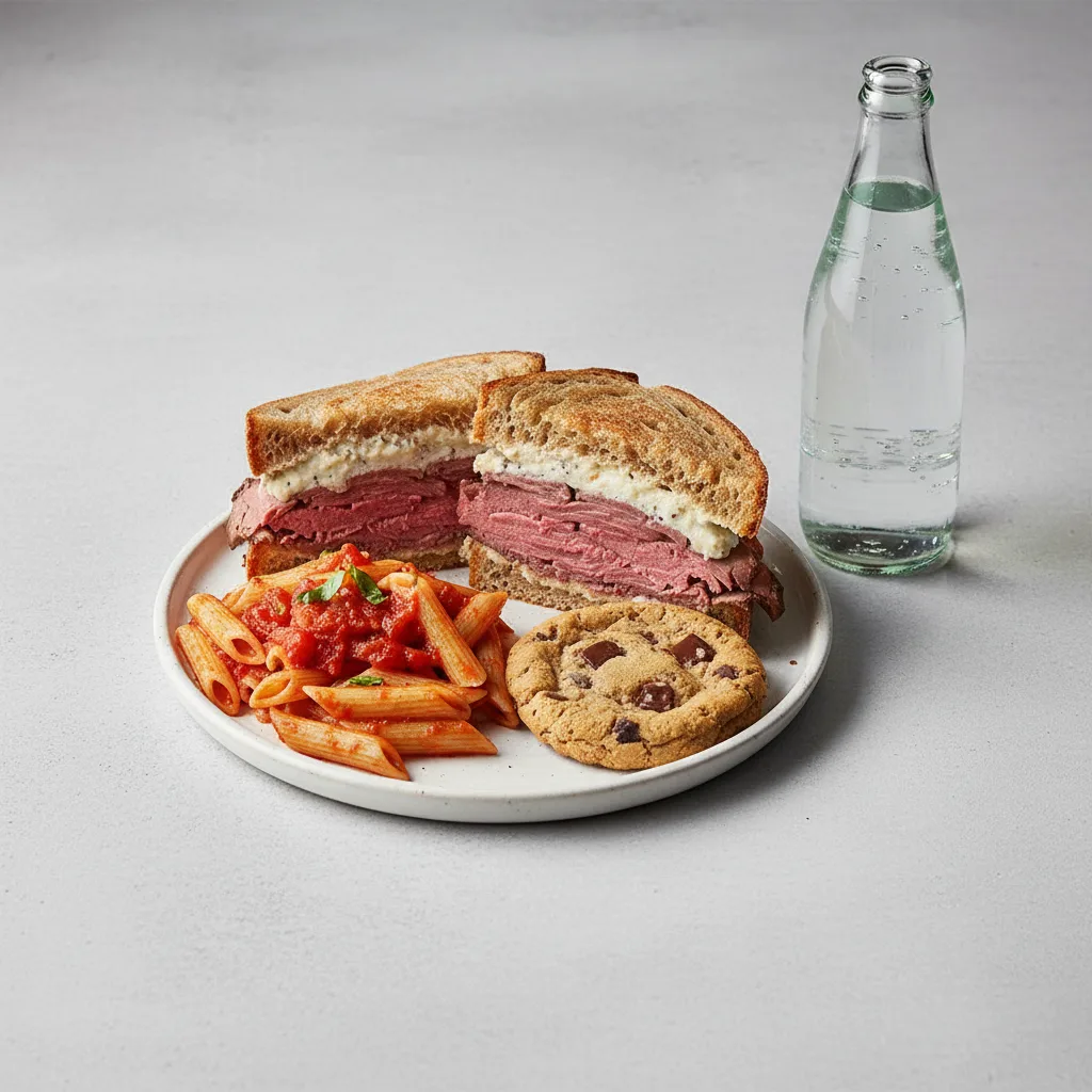 Roast Beef Sandwich, Tomato Basil Penne, Cookie, Sparkling Water Roast Beef Sandwich, Tomato Basil Penne, Cookie, Sparkling Water