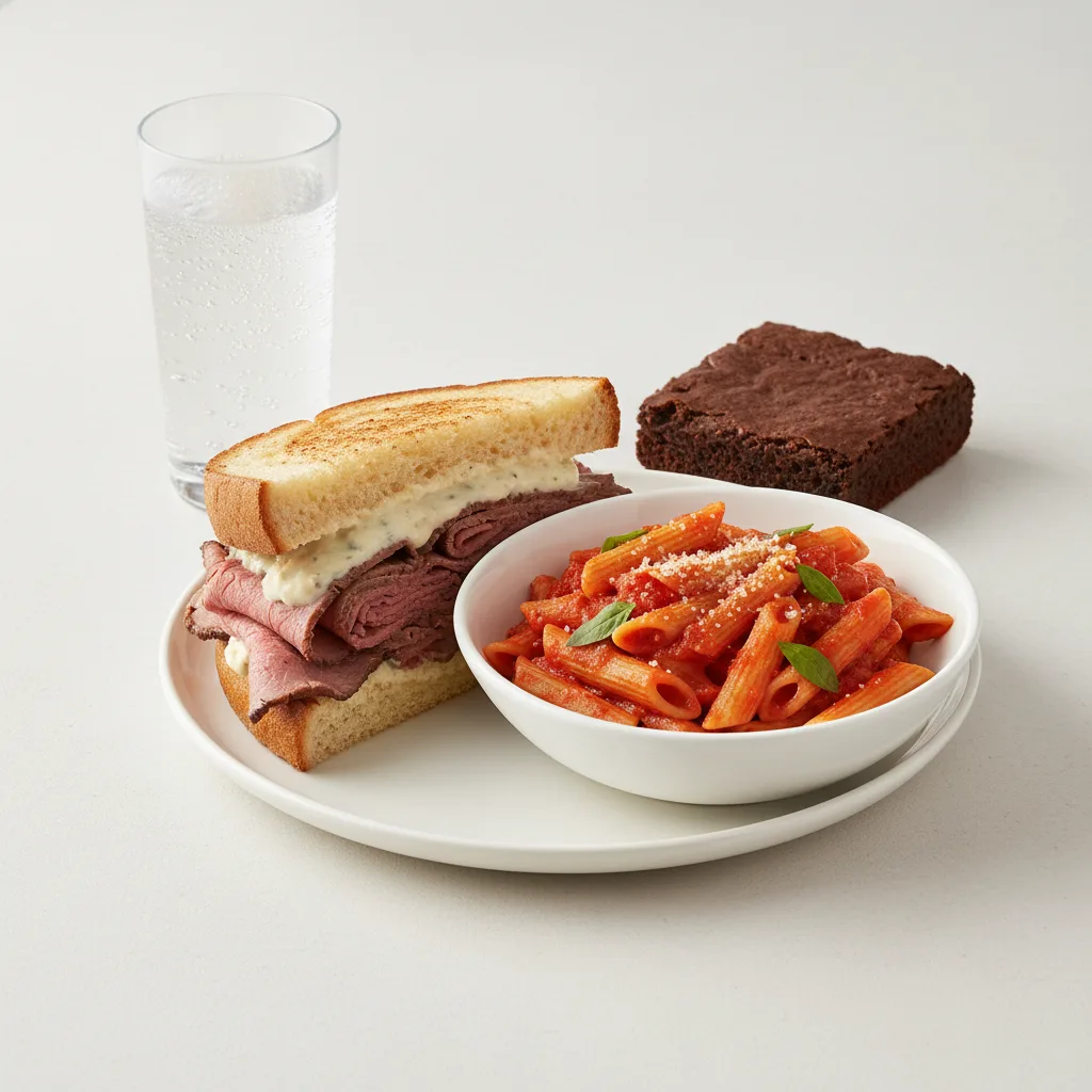 Roast Beef Sandwich, Tomato Basil Penne, Brownie, Sparkling Water Roast Beef Sandwich, Tomato Basil Penne, Brownie, Sparkling Water