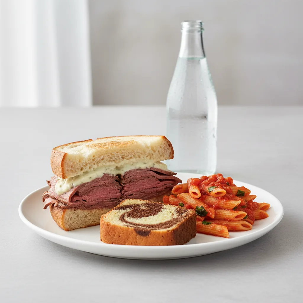 Roast Beef Sandwich, Tomato Basil Penne, Poundcake, Sparkling Water Roast Beef Sandwich, Tomato Basil Penne, Poundcake, Sparkling Water