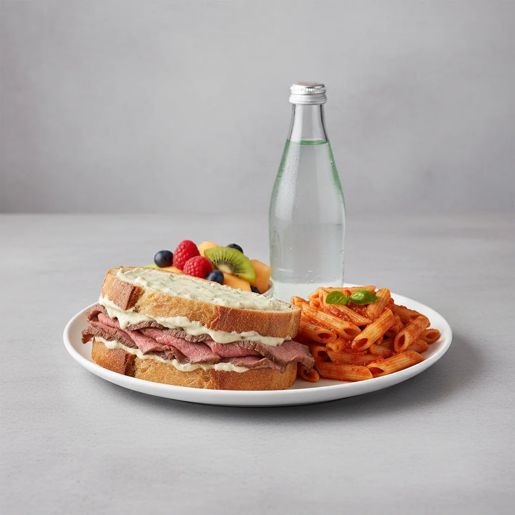 Roast Beef Sandwich, Tomato Basil Penne, Fruit, Sparkling Water Roast Beef Sandwich, Tomato Basil Penne, Fruit, Sparkling Water