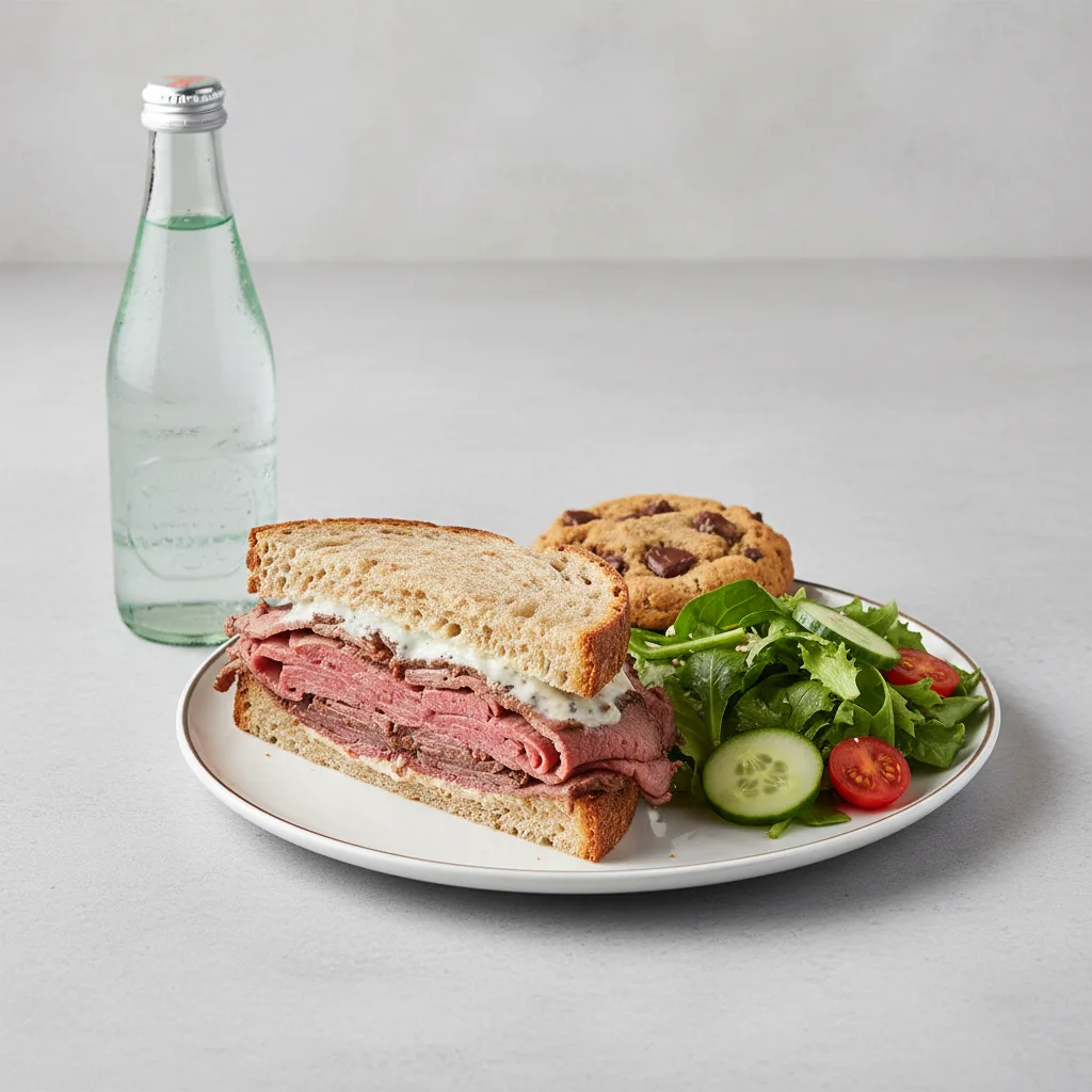 Roast Beef Sandwich, House Salad, Cookie, Sparkling Water Roast Beef Sandwich, House Salad, Cookie, Sparkling Water