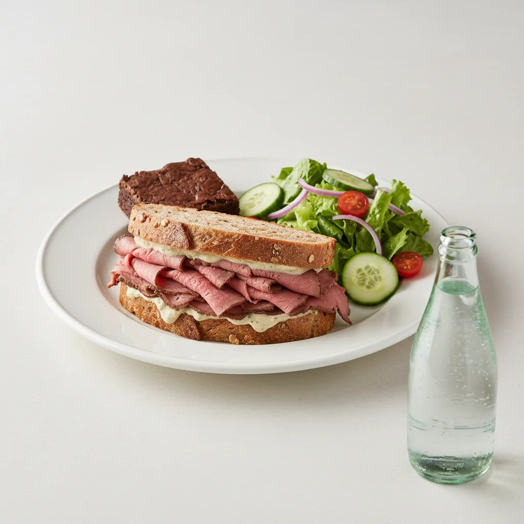 Roast Beef Sandwich, House Salad, Brownie, Sparkling Water Roast Beef Sandwich, House Salad, Brownie, Sparkling Water