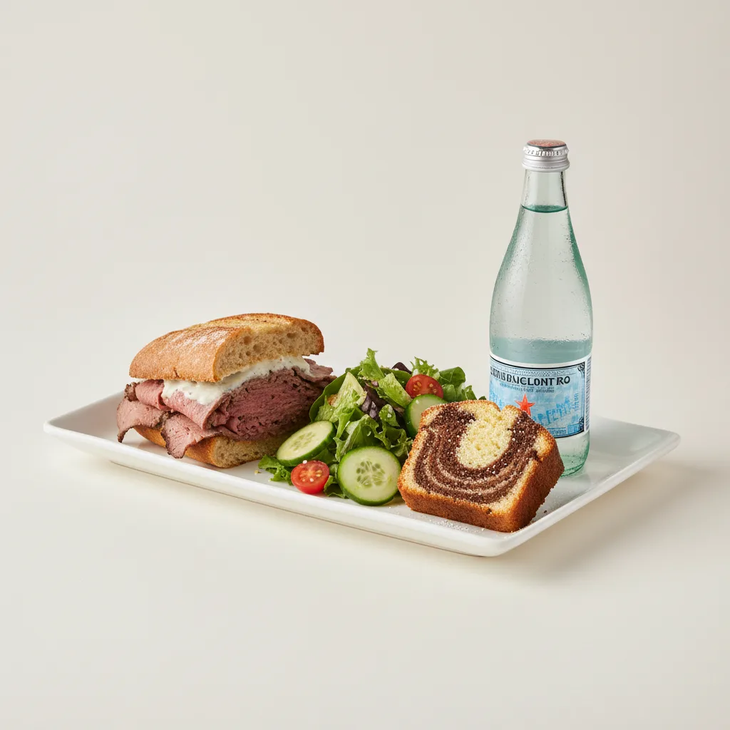 Roast Beef Sandwich, House Salad, Poundcake, Sparkling Water Roast Beef Sandwich, House Salad, Poundcake, Sparkling Water