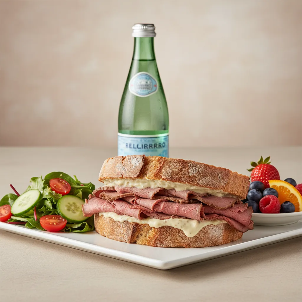 Roast Beef Sandwich, House Salad, Fruit, Sparkling Water Roast Beef Sandwich, House Salad, Fruit, Sparkling Water