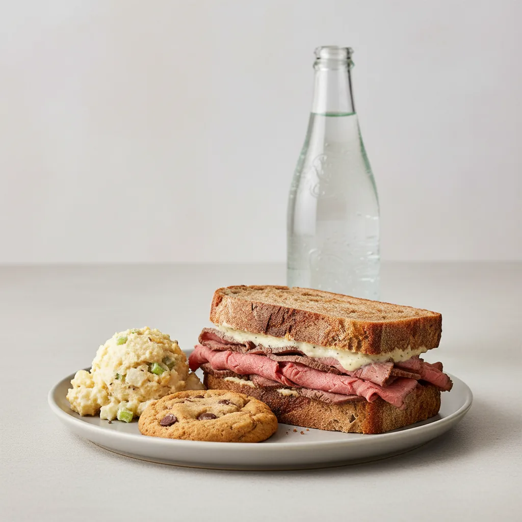 Roast Beef Sandwich, Potato Salad, Cookie, Sparkling Water Roast Beef Sandwich, Potato Salad, Cookie, Sparkling Water