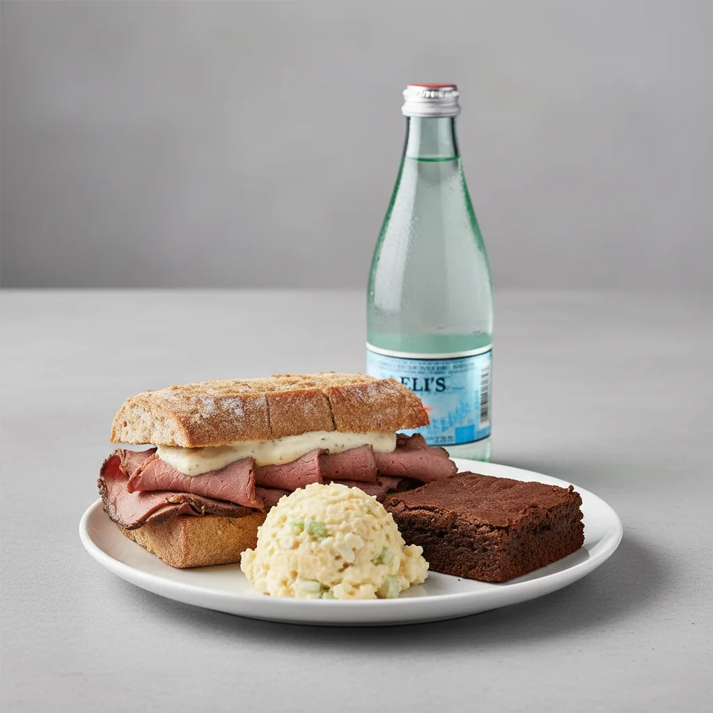Roast Beef Sandwich, Potato Salad, Brownie, Sparkling Water Roast Beef Sandwich, Potato Salad, Brownie, Sparkling Water