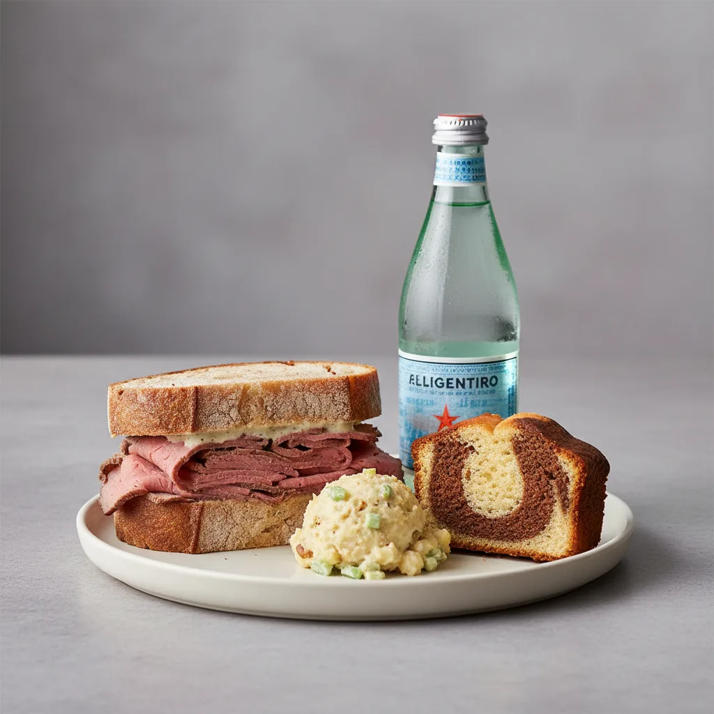 Roast Beef Sandwich, Potato Salad, Poundcake, Sparkling Water Roast Beef Sandwich, Potato Salad, Poundcake, Sparkling Water