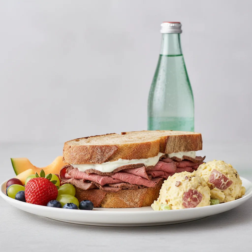 Roast Beef Sandwich, Potato Salad, Fruit, Sparkling Water Roast Beef Sandwich, Potato Salad, Fruit, Sparkling Water
