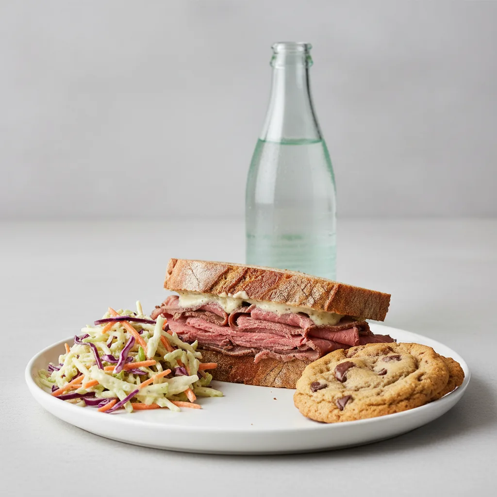 Roast Beef Sandwich, Coleslaw, Cookie, Sparkling Water Roast Beef Sandwich, Coleslaw, Cookie, Sparkling Water