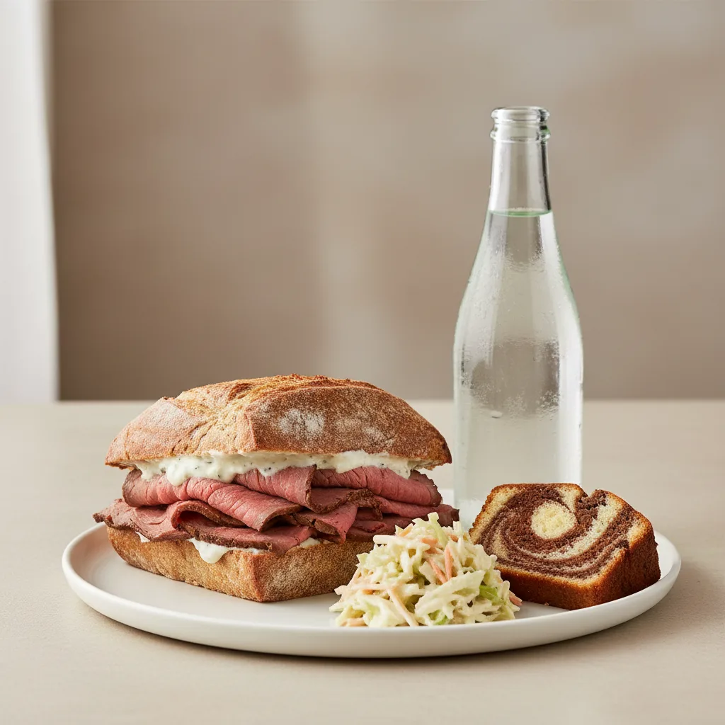 Roast Beef Sandwich, Coleslaw, Poundcake, Sparkling Water Roast Beef Sandwich, Coleslaw, Poundcake, Sparkling Water