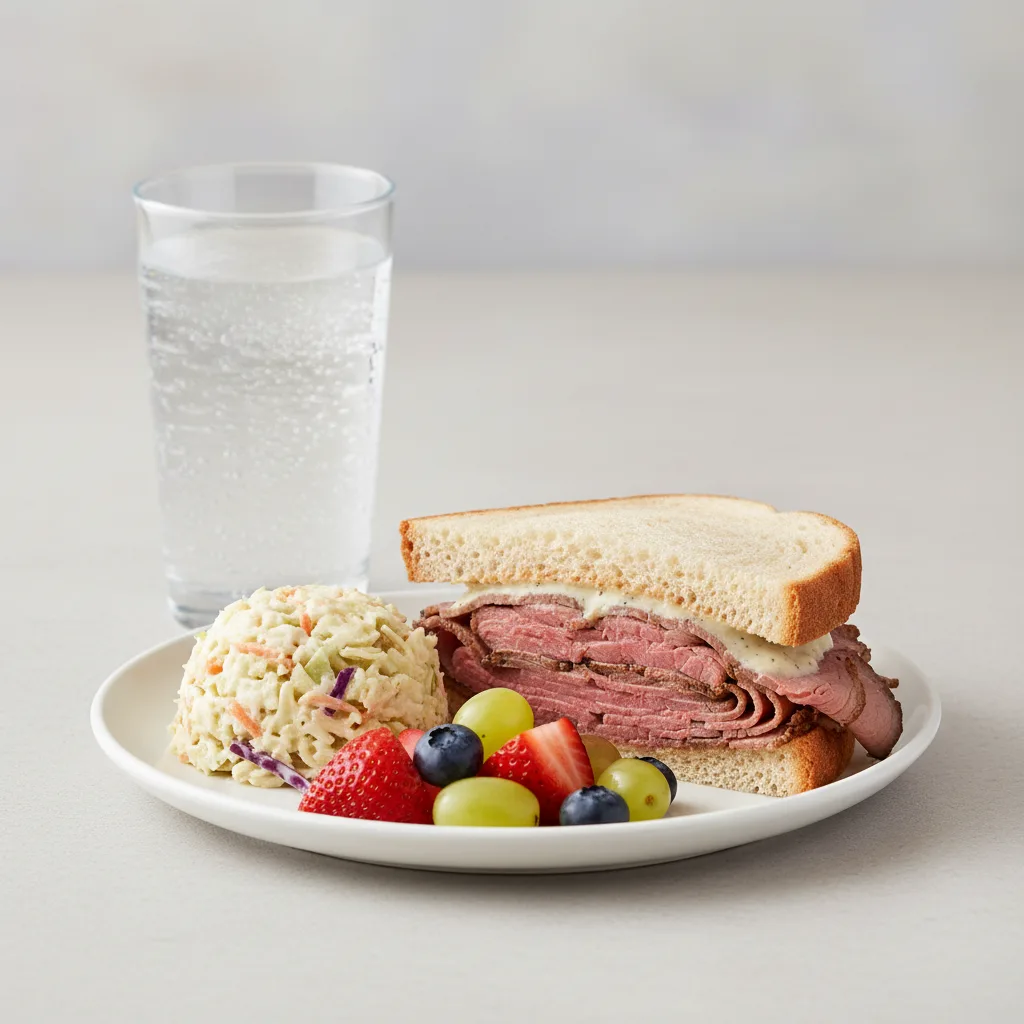 Roast Beef Sandwich, Coleslaw, Fruit, Sparkling Water Roast Beef Sandwich, Coleslaw, Fruit, Sparkling Water