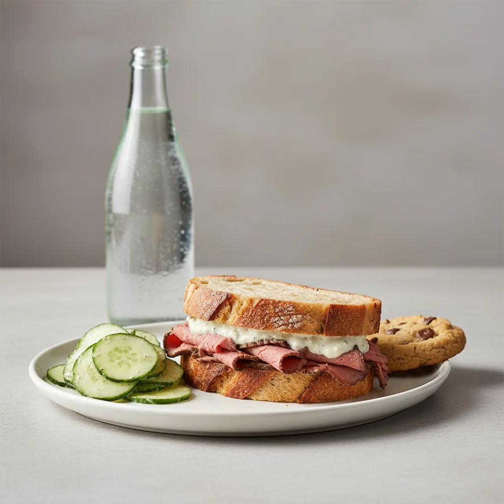 Roast Beef Sandwich, Cucumber Salad, Cookie, Sparkling Water Roast Beef Sandwich, Cucumber Salad, Cookie, Sparkling Water